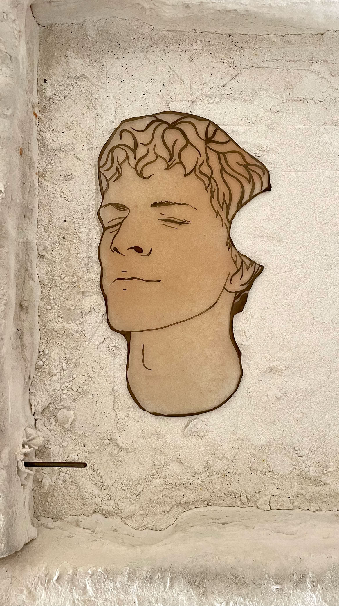 A face with closed eyes and curly hair is embedded in a textured, light-colored wall.